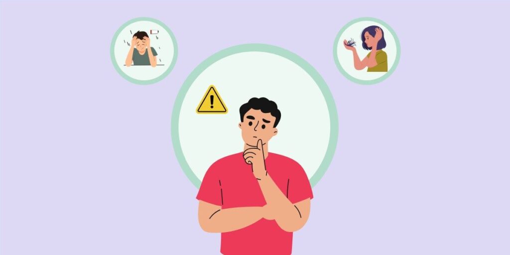 Confused man thinking about symptoms and causes of Vitamin B12 deficiency, including fatigue and low energy and hair loss.